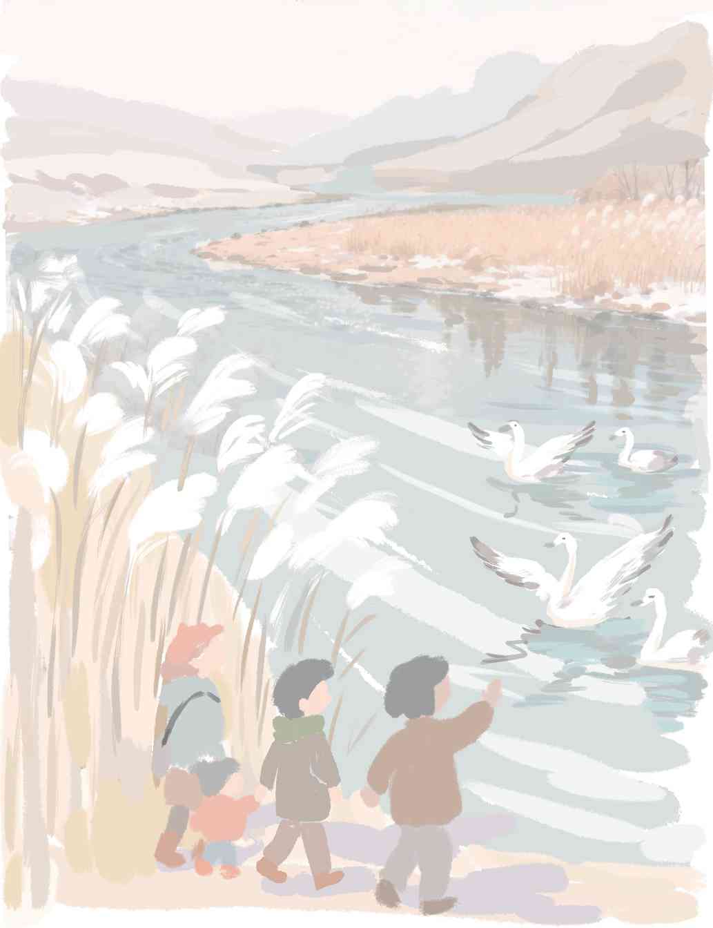 达川三河口天鹅滩冬日美景，白羽精灵水上嬉戏如画